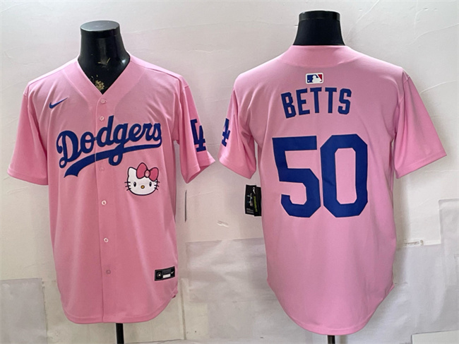 Men's Pink Los Angeles Dodgers #50 Mookie Betts 2025 Hello Kitty Vapor Limited Stitched Baseball Jersey